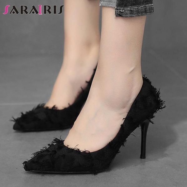

dress shoes sarairis ladies elegant shallow bridal pumps spring sweet decorating women high thin heels woman, Black
