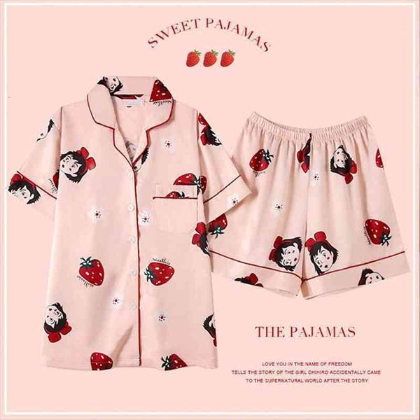 

summer pajamas leisure homewear japan women sleepwear anime kiki delivery service print ice silk pijama short sleeve female pyjama, Black;red