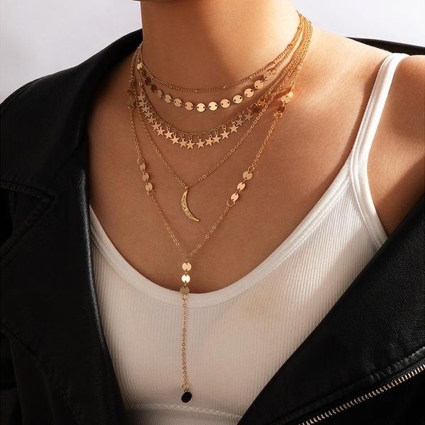 

pendant necklaces tocona bohemian multilayer moon necklace for women trendy litter star sequins tassel clavicle chain jewelry 17086, Silver