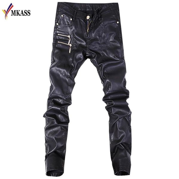 Outono Biker Skinny Homens Gótico Punk Fashion Calças De Couro Faux Pu fivelas Hip Hop Zippers Calças Pretas Masculinos Masculinos