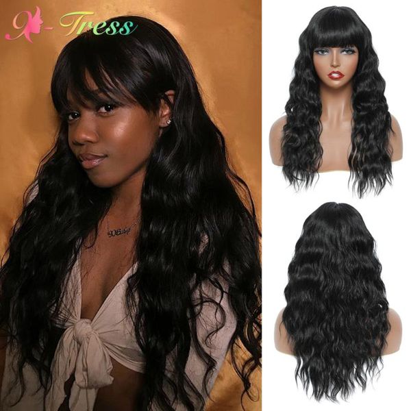 

synthetic wigs with bangs natural black wavy hair wig for women x-tress heat resistant full machine made non lace