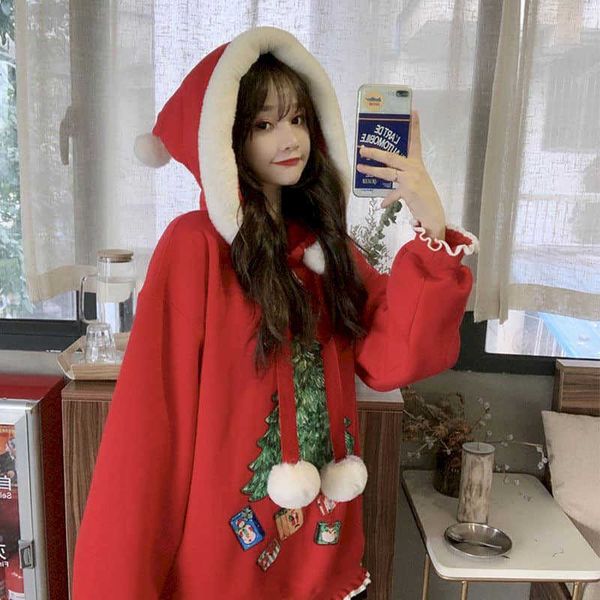 

christmas hoodies women jacket autumn and winter hooded red sweatshirt year clothes women's plus velvet thickening 210526, Black