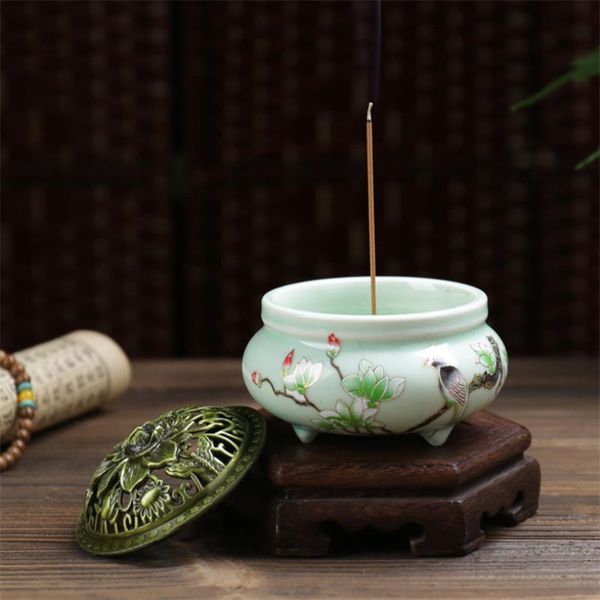 

fragrance lamps ceramic lotus cover celadon incense burner handmade hand-painted stick holder buddha coil aroma censer home decor crafts