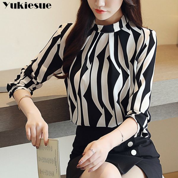 

striped chiffon blouse shirt femme women blusas summer long sleeve blusa laides camisas mujer womens blouses and 210518, White