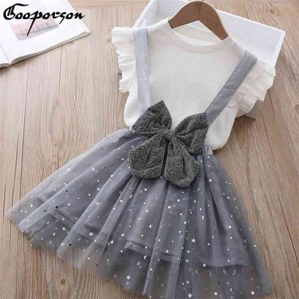 

gooporson fashion kids outfits summer short sleeve bow star strap skirt little girls clothing set korean children clothes 210715, White