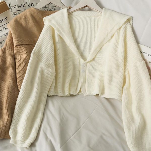 

women's knits & tees korean version of western style wild two-button short knit sweater women 2021 lapel long-sleeved loose slim small, White