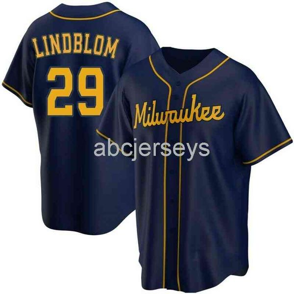 

stitched custom josh lindblom #29 navy baseball jersey xs-6xl, Black