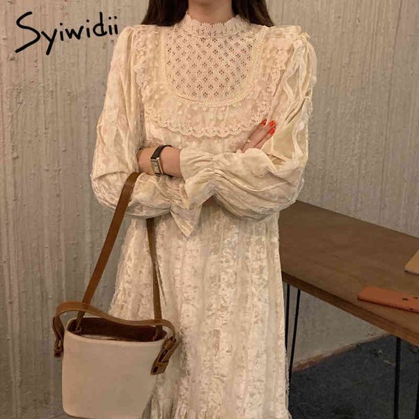 

syiwidii lace velvet dresses women hollow ruffle stand collar long woman dress winter party dress for women 210417, Black;gray
