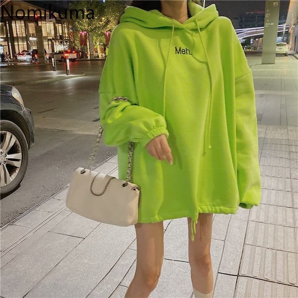 

nomikuma letter pattern hooded hoodies women drawstring long sleeve casual loose sweatshirt korean style jackets ropa mujer 210514, Black