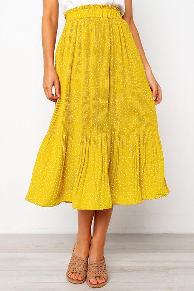 

summer casual chiffon print women skirts pockets high waist pleated maxi womens long for, Black