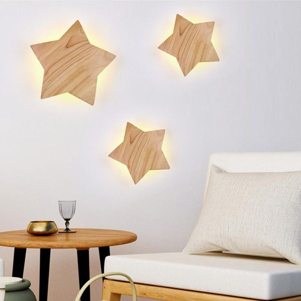 

wall lamps solid wood lamp led creative wooden art study room light modern simple star for children's household bedroom decorative
