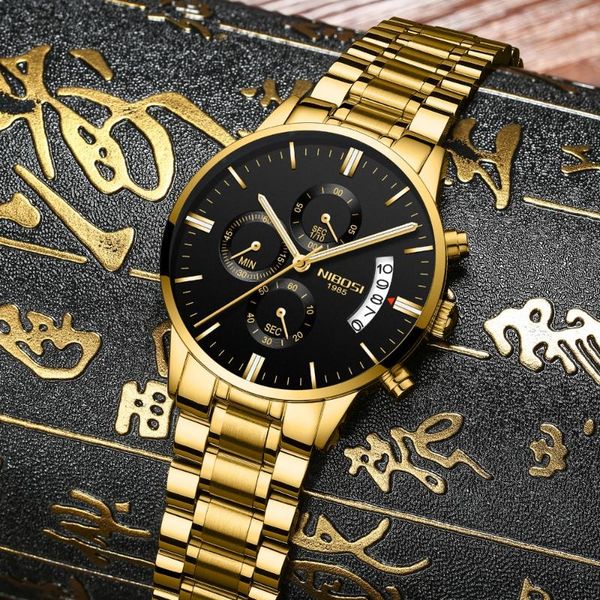 

wristwatches nibosi golden blue watch men watches stainless steel chronograph auto date business quartz relogio masculino, Slivery;brown