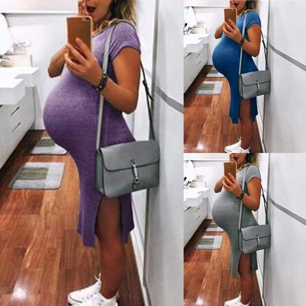 

maternity dresses woman o-neck solid short sleeve dress split fork pregnant nursing femme enceinte robe longue grosses..., White