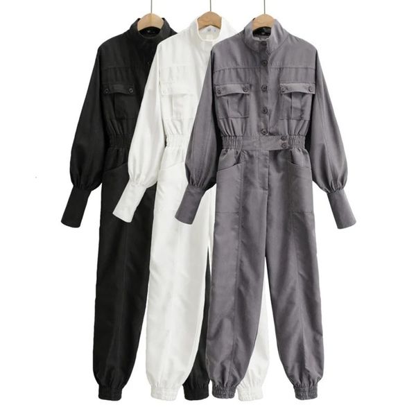 

spring women's casual pants new trend solid color stand collar breasted long sleeve tunic overalls, Black;white