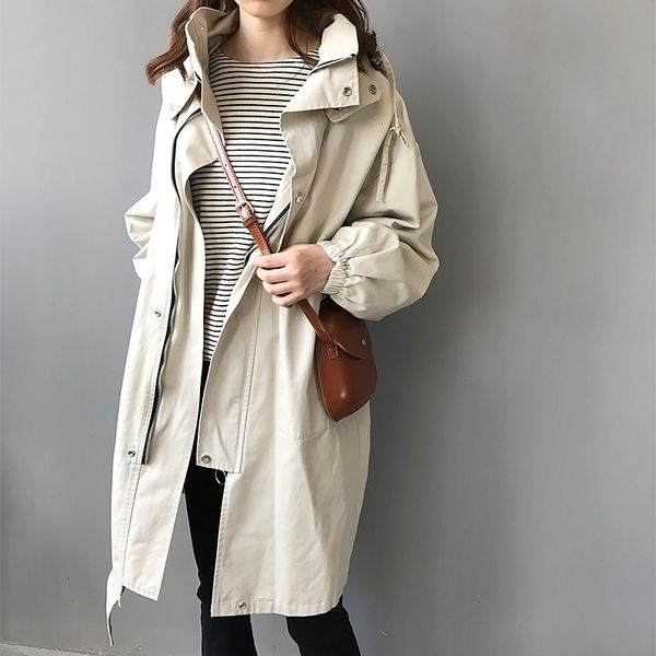 

women's trench coats oversized hooded female autumn outwear zipper long chic beige windbreaker pocket loose women clothes m349, Tan;black