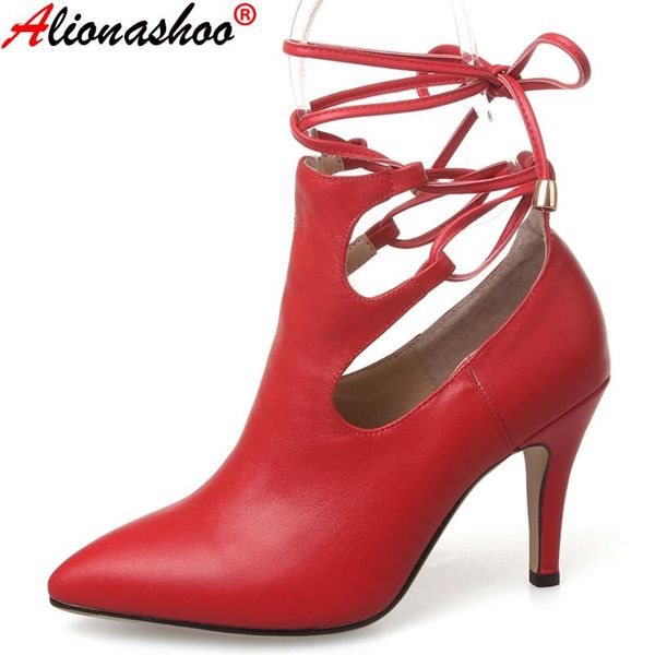 

boots aliona shoo ankle women genuine cow leather lace-up pointed toe lady booties spring autumn high heel ladies shoes handmade, Black