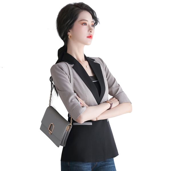 

women's suits & blazers s-4xl casual plaid blazer women fashion spring single button ladies jacket coat notched collar half sleeve 2pdk, White;black