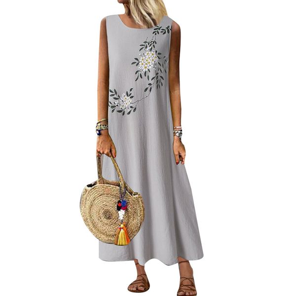 

2021vintage womens floral printed loose dress casual o-neck sleeveless -5xl maxi long dresses female beachwear vestidos, Black;gray