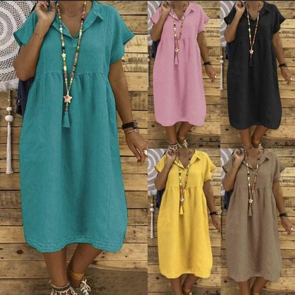 

dresses 2021 new large women's lapel short sleeve linen cotton solid lace dress, Black;gray