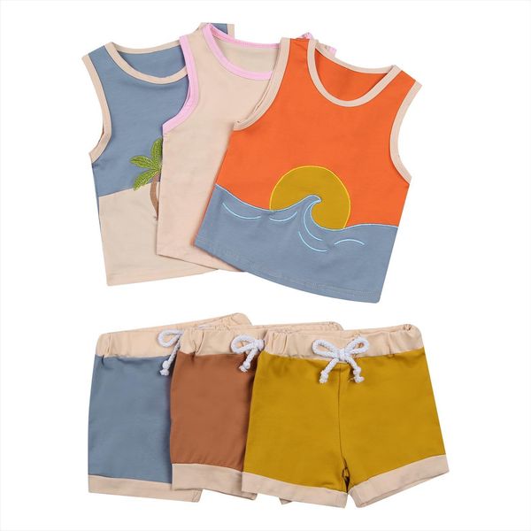 

children baby boys embroidery two piece set, kids vest tank waist elastic lace up shorts beachwear set 6m 5t, White