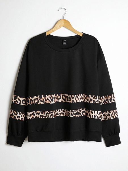 

plus leopard striped drop shoulder sweatshirt d310#, Black