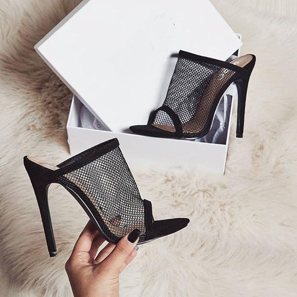 

slippers 2021 style summer women 11.5cm high heels mules shales slides female mesh open toe stiletto fashion shoes, Black