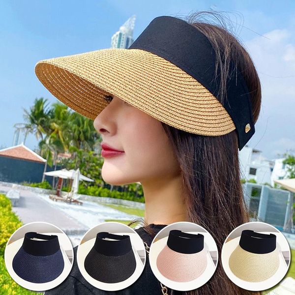

wide brim hats magic tape panama women straw hat empty 2021 women's summer sun protection outdoor sports fishing beach essential, Blue;gray