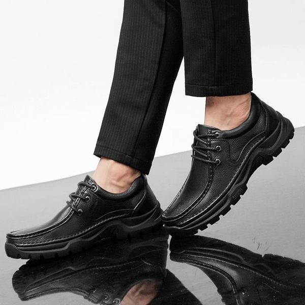 

boots natural cow leather men handmade retro waterproof ankle outdoor rubber sole autumn shoes, Black