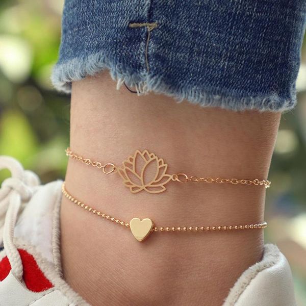 

anklets 2pcs/set unique heart pendent adjustable chain double layered extension charm women's 2021, Red;blue