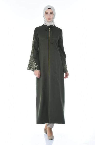 

ethnic clothing minahill embroidery detailed abaya khaki 2134-05, Red