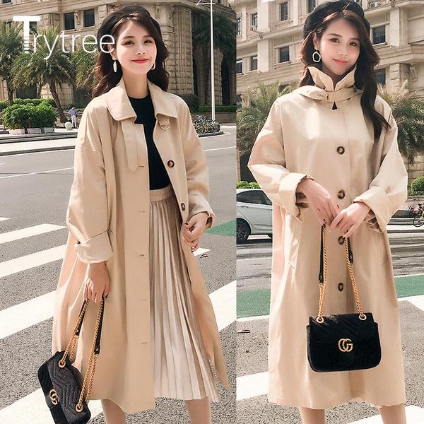 

women's trench coats trytree 2021 autumn women casual windbreakers khaki solid a-line single breasted cotton polyester office lady thin, Tan;black