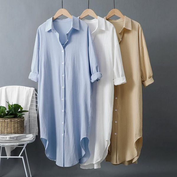 

women's blouses & shirts summer 2021 long sleeve solid casual loose blouse button cotton linen for women street style, White