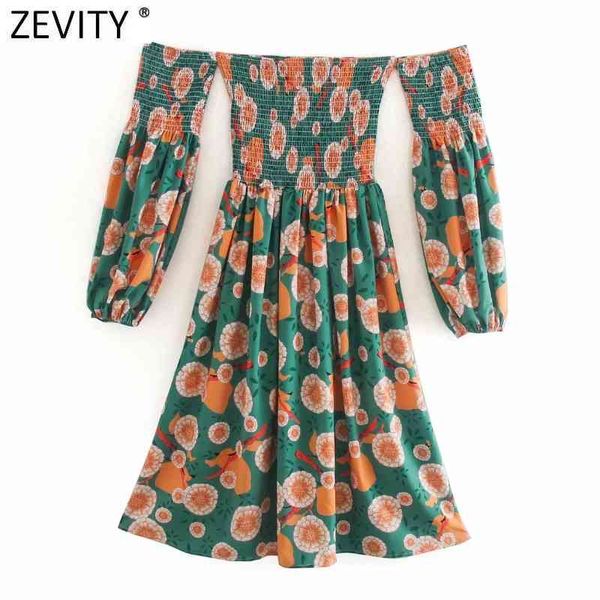 

zevity women off shoulder flower print elastic slim midi dress ladies pleats lantern sleeve casual beach dresses ds4288 210419, Black;gray