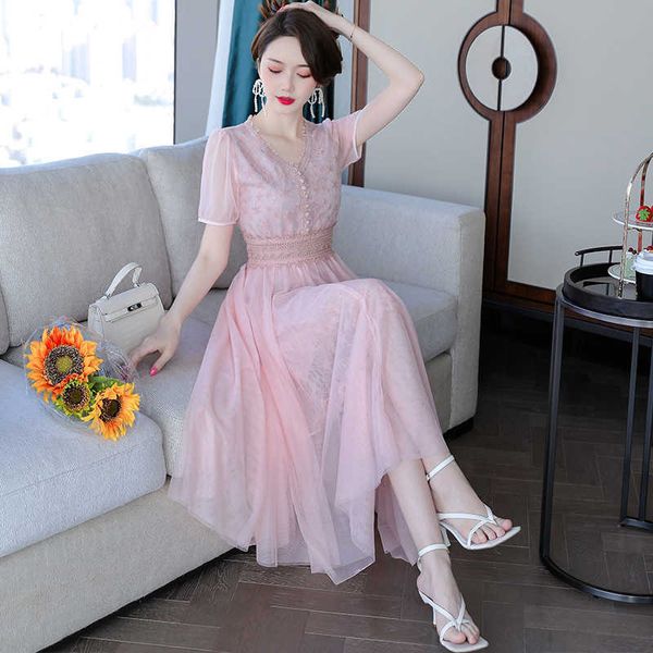 Sommer Korean Fashion Chiffon Kleider Frauen Kurzärmel Büro Lady Lace Bodycon Plus Size xxxl Pink Vintage 210531