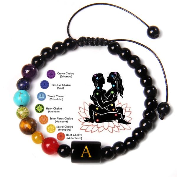 

men bracelets natural turquois tiger eye stone beads 7 chakra bracelets black rope 26 letters charm braid bracelet women jewelry