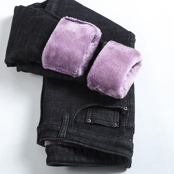 

winter female thick plus purple velvet women skinny jeans high waist stretch fleece warm denim pencil pants mom women's, Blue