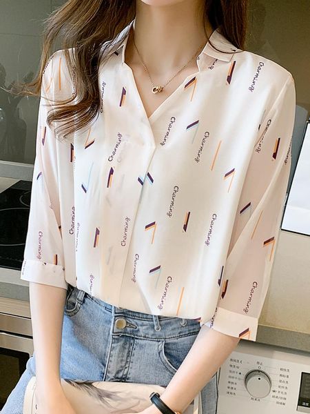 

women's blouses & shirts women summer blouse chiffon v-neck half sleeve ladies clothing for, White