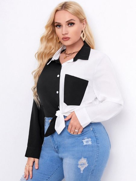 

plus colorblock button front pocket blouse z6z7#, Black