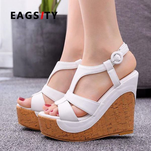 

summer 2021 women's wedges sandals thick bottom open toe ankle strap gladiator high heel pumps white, Black