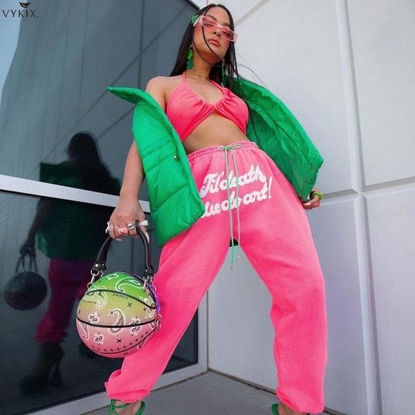 

women's pants & capris korean letter print women pink high waist sweatpants loose casual streetwear sportswear 2021 autumn winter cloth, Black;white