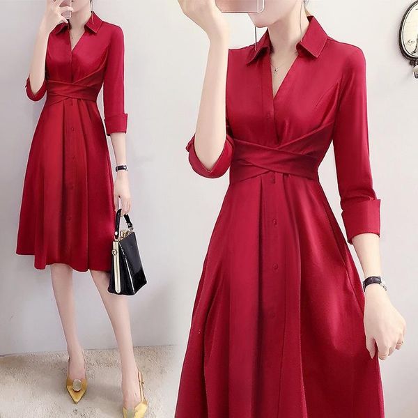 

casual dresses pinkou women elegant red shirt dress turn down collar three quarter sleeve high waist one piece female chic midi qa273, Black;gray