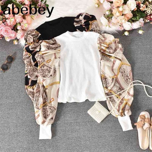 

autumn women long chains print puff sleeve patchwork slim knit blouse shirt ins brand white black ladies 210715