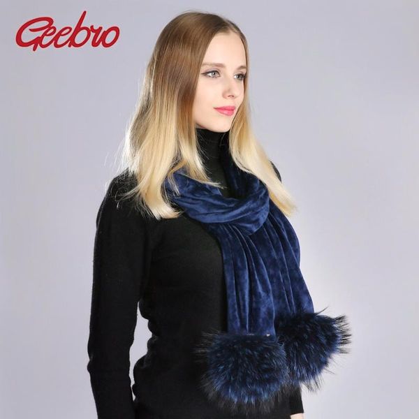 

scarves geebro women's pompon scarf winter casual warm velvet with pompoms for girls ladies knitted fur pompom gs097, Blue;gray