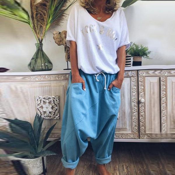 

women's pants & capris fashion harem women casual hip hop loose trousers with pocket solid color vintage joggers wide leg capris#g3, Black;white