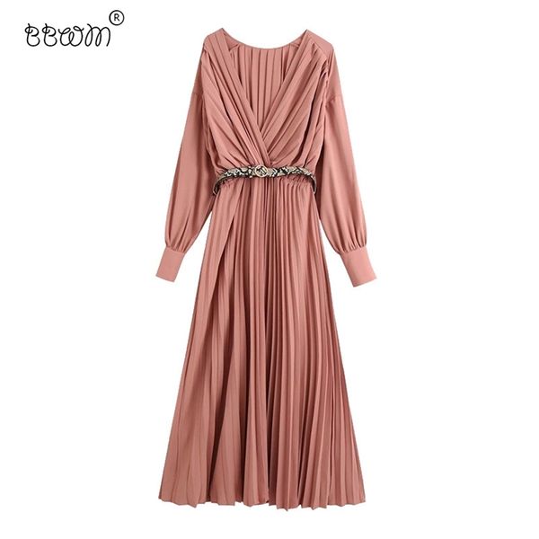 Mulheres Vintage Chic Snake Belt Plissado Maxi Vestido Moda Elegante V Pescoço Vestidos de Manga Longa Vestidos Mujer 210531