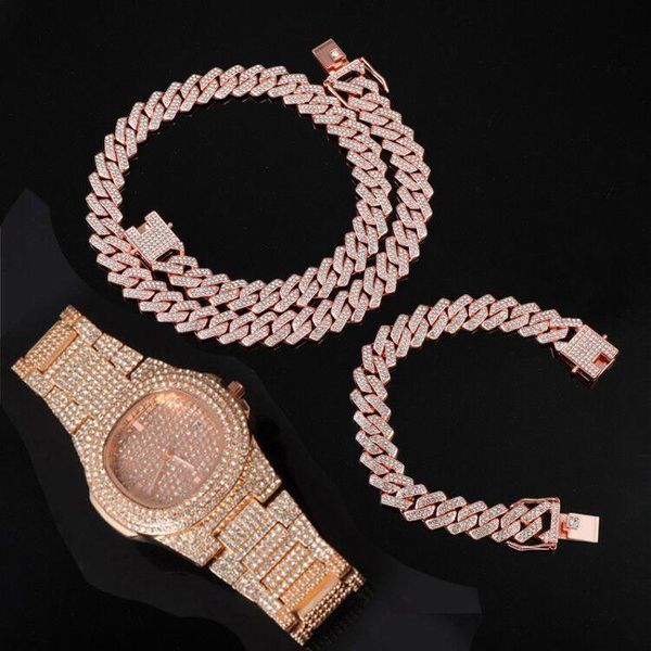 

chains hip hop 13.5mm 3pcs kit heavy watch+prong cuban necklace+bracelet bling crystal + iced out rhinestones for men jewelry, Silver
