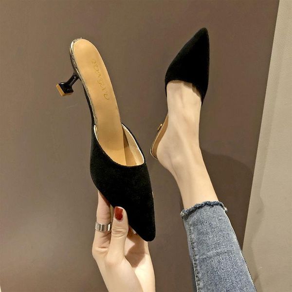 

toe slippers women net red 2021 summer korean version of all-match pointed high heels women's stiletto half, Black
