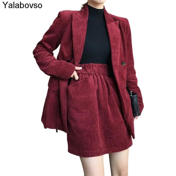 

women's tracksuits autumn solid 2 piece set women elegant corduroy blazer ol notch collar jacket female wine red double breasted coats, Gray