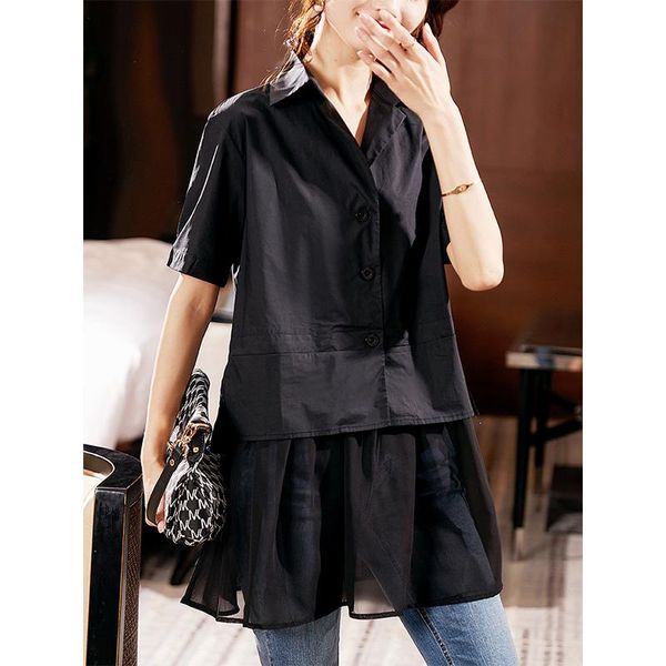 

women's blouses & shirts blouse shirt 2021 summer korean fashion mesh splicing lapel loose short sleeve solid oversize 2-7577#], White