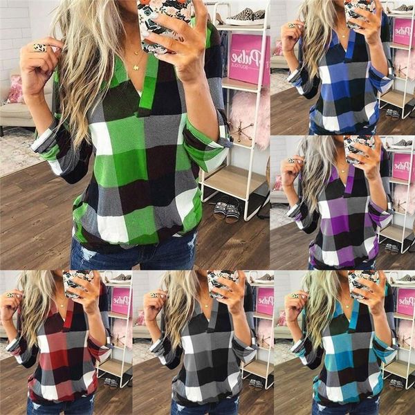 

plaid checked tee t shirt womens tracksuits casual shirts blouse v neck check, Gray